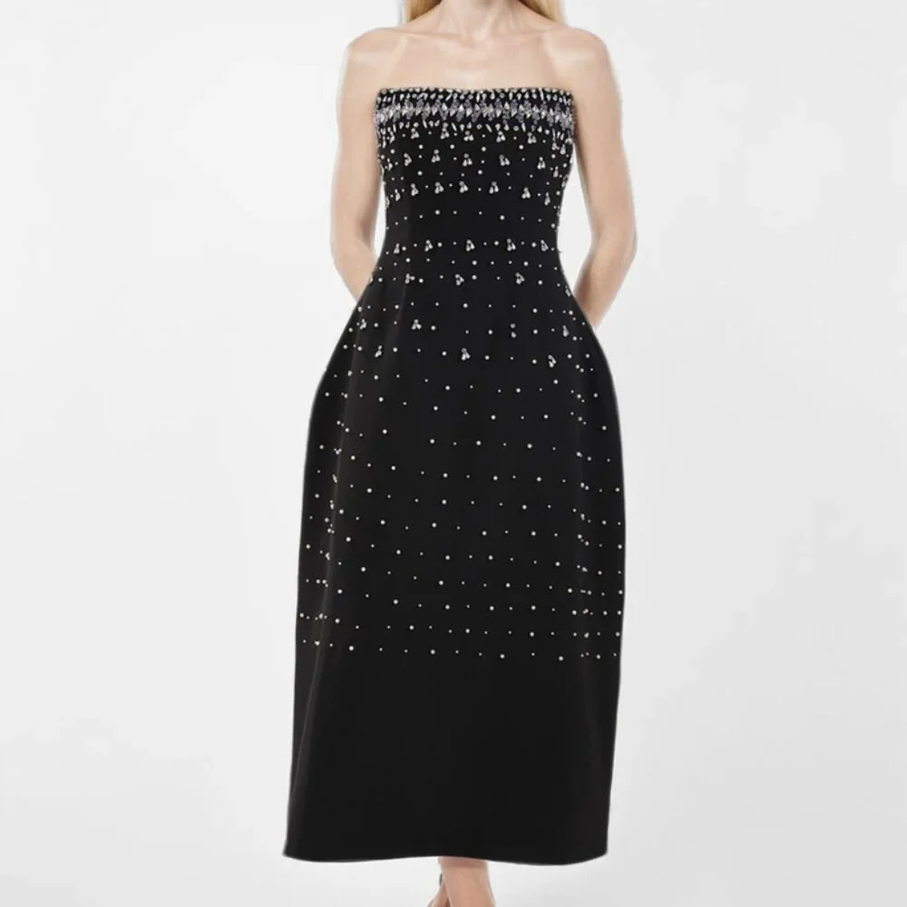 Stunning Embellished Crystal Bodice Midi Dress/Black Gown - Picture 3 of 6